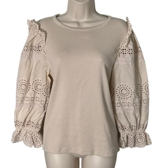 J. Crew Ruffle Trim Eyelet Top in Vintage Rib Pale Bone Size S - Picture 2 of 5